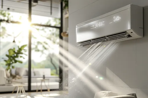 Mains gantées retirant un filtre à air encrassé d'un système de ventilation domestique