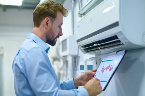 Technicien professionnel effectuant la maintenance préventive d'un système de climatisation mural