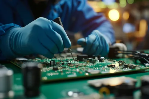 Technicien spécialisé effectuant la microsoudure de composants sur une carte électronique endommagée